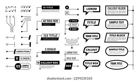 Llamada. Cuadro de título, etiqueta de diseño elementos infográficos. Llamadas de texto, banners de información con flecha. Cuadro de texto aislado, conjunto de vector de trazo editable. Recopilación de burbujas de voz con información