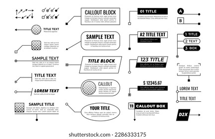 Llamada. Marco de cuadro de texto de título, llamadas infográficas. Globos de caja emergente, etiquetas de voz con flechas. Juego de vectores de diseños tecnológicos. Plantilla para la descripción de la información en la presentación, noticias