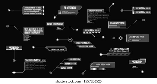 Callouts. Callout-Baretiketten mit Titeln, Anrufkastenoberflächen und technische digitale Infokästen hud-Vorlagen, Vektorgrafik isolierter futuristischer Werbekommunikationsset