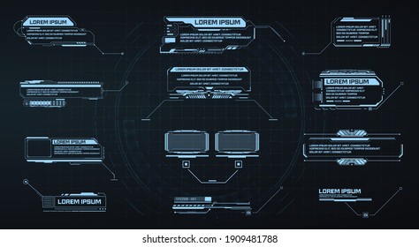 Llamadas. Etiquetas de barra de llamadas con títulos en estilo HUD. Elementos de interfaz, interfaz de usuario, interfaz gráfica de usuario. Plantillas de matiz de los cuadros de información. Comunicación publicitaria de conjunto futurista. Ilustración del vector