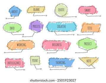 Callouts doodle icon set. Pencil drawn chat communication text bars boxes isolated vector illustration