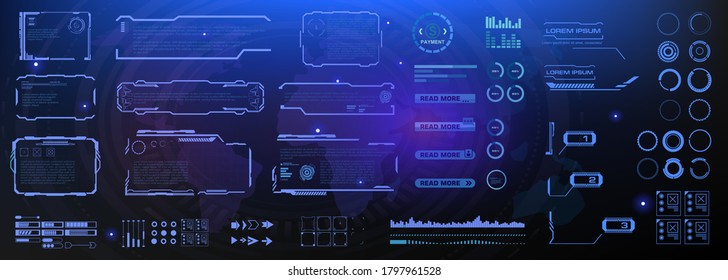 Callouts, frames, pointers, circles, headings. Set of futuristic digital elements for informational windows. HUD, GUI, UI virtual user interface elements