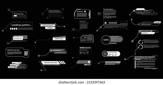 Callouts titles banner. Futuristic digital line text frame boxes and label emplate set. Collection of pop-up or description boxes, speech bubbles. Simple design elements. Interface elements