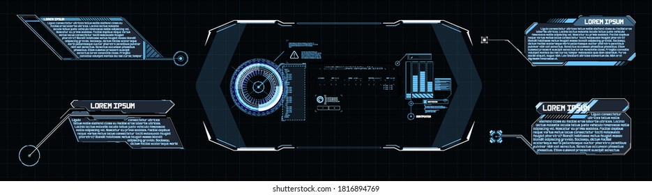 Callouts titles. Callout bar labels, information call box bars and modern digital info. Tech digital info boxes hud templates. Futuristic set frame or advertising communication. Vector illustration