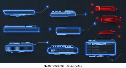 Callouts titles. Callout bar labels, information call box bars and modern digital info. Tech digital info boxes hud templates. Futuristic set advertising communication.