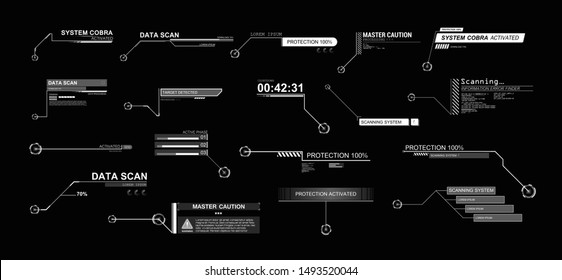 Callouts titles in HUD style. Futuristic callout bar labels, information call box bars and modern digital info boxes layout templates. Interface elements HUD, UI, GUI. Vector Callout Titles set 
