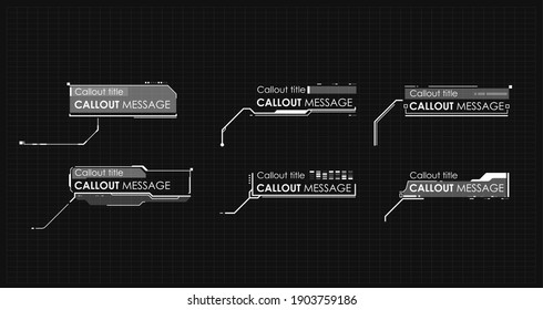 Títulos de llamadas al estilo HUD. Elementos de interfaz, interfaz de usuario, interfaz gráfica de usuario. Vector de plantillas de hud de los cuadros de información.