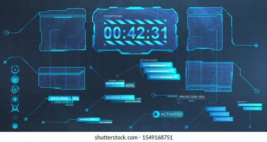 Callouts titles and screen futuristic frame in HUD style. Futuristic callout bar labels, information call box bars and modern digital info boxes layout templates. Vector illustration HUD, GUI, UI