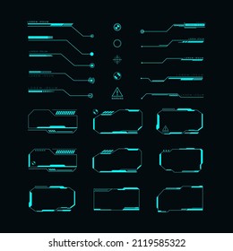 Vector de títulos de llamadas en la colección de estilos HUD. Etiquetas de llamadas futuristas, caja de llamadas de tecnología de información digital. Elementos de interfaz de datos HUD, UI, plantilla GUI.