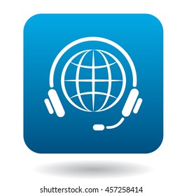 Calls around world icon in flat style in blue square. Service symbol