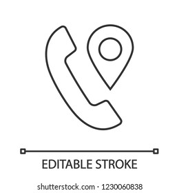 Calls tracking linear icon. Incoming call location tracker. Thin line illustration. Handset with map pinpoint. Phone tracker. Mobile number locator. Vector isolated outline drawing. Editable stroke