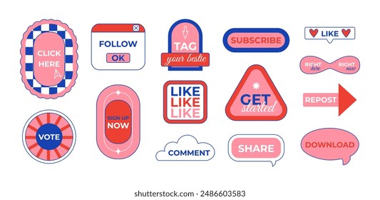 Call-to-action stickers set. Social media. Modern retro flat style. Clickable buttons for web. Vintage nostalgia. Marketing and communication. Vector isolated on white.