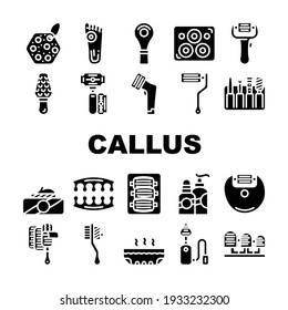 Callus Remover Tool Collection Icons Set Vector. Callus Remover And Adhesive Plaster Accessories For Treatment Foot And Fingers Glyph Pictograms Black Illustrations