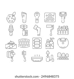 Callus Remover Tool Collection Icons Set Vector. Callus Remover And Adhesive Plaster Accessories For Treatment Foot And Fingers Black Contour Illustrations