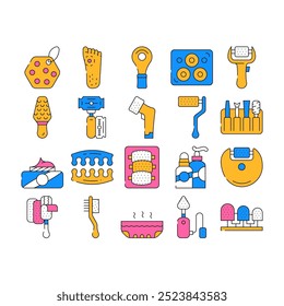 Callus Remover Tool Collection Icons Set Vector. Callus Remover And Adhesive Plaster Accessories For Treatment Foot And Fingers color Contour Illustrations