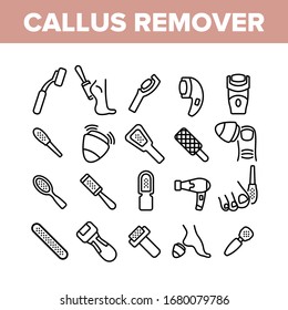 Callus Remover Tool. Foot Rasp For Treatment Of Hard Skin, Callus Remover Hygiene Equipment, Electronic And Manual Brush Concept Linear Pictograms. Monochrome Contour Illustrations