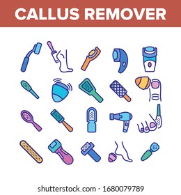 Callus Remover Tool. Foot Rasp For Treatment Of Hard Skin, Callus Remover Hygiene Equipment, Electronic And Manual Brush Concept Linear Pictograms. Color Illustrations