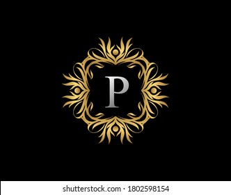 Callygraphic Badge P Letter Logo. Luxury Gold vintage emblem with beautiful classy floral ornament. Vintage Frame design Vector illustration.