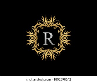 Callygraphic Badge R Letter Logo. Luxury Gold vintage emblem with beautiful classy floral ornament. Vintage Frame design Vector illustration.