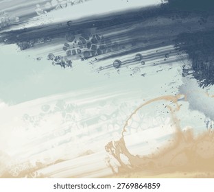 Calm abstract composition with blue, gray, and beige paint strokes, evoking coastal tones and soft motion for modern, minimal design use. vector design banner, noAI