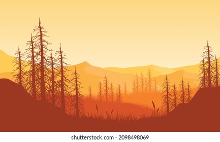Calm afternoon atmosphere with realistic mountain view from dense forest