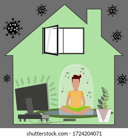 Calm against the backdrop of world news. Keeping calm, balance, meditation, positive mood. News from the TV is filtered by positive thoughts. Yoga. Relax Trending. Man. Vector Illustration