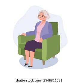 Calm Aging Woman Lounging Comfortably on the couch. Senior Lady Relaxing on Sofa. Flat vector cartoon illustration