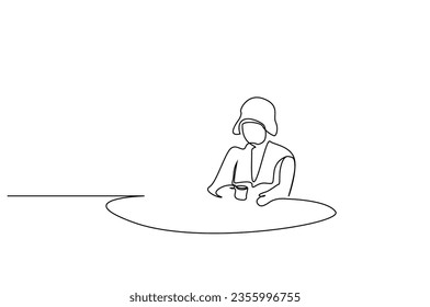 Calm alone thinking woman is drinking coffee. woman in travel drinking tea coffee line art