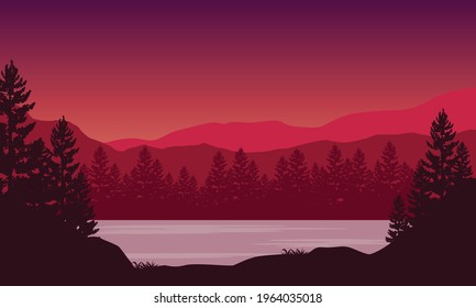 Ambiente tranquilo junto al río por la noche, con vistas extraordinarias a la montaña. Ilustración vectorial de una ciudad