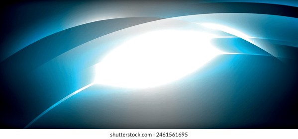 Una atmósfera tranquila rodea un objeto astronómico sobre un fondo abstracto azul y blanco. Un círculo de luz azul eléctrica emite desde el horizonte, creando un destello de lente en la oscuridad del espacio