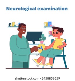 Examen neurológico tranquilo y atento. Sorprendido joven se somete a la prueba de reflejos por neurólogo amigo, asegurando su salud del sistema nervioso. Mantener el bienestar infantil bajo control. Ilustración vectorial