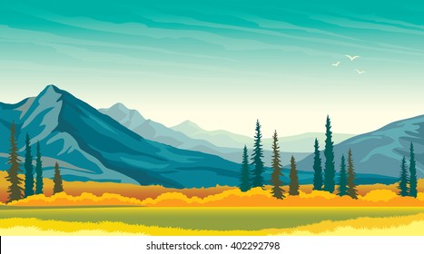 Calm autumn panorama - green meadow with yellow grass and blue mountains. Vector wild landscape. Beautiful nature.