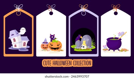 Calm autumn season. Set of tag in with Halloween characters. Collection of label with Mice and witch cauldron, ghost in haunted house, raven and skull at grave, black cat on pumpkins. Vector EPS8