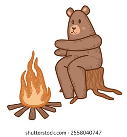 A calm bear by a bonfire, sitting on a stump in a woodland setting. Rustic design for crafting outdoor adventure, storytelling designs, eco-friendly events, posters, or party themes