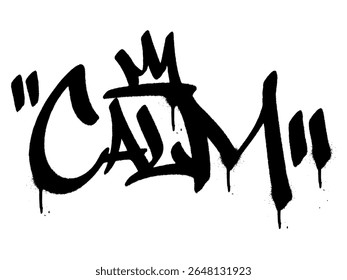 Calm black graffiti tag with spray paint texture and drips. Transparent background. Urban-style tag for chill but strong sigma personality design.
