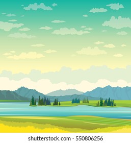 Calm blue lake with green grass and mountains on a cloudy sky. Summer landscape. Natural vector illustration. 