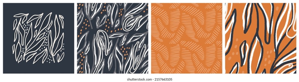 Calm boho seamless pattern and main print set with leaves and snakes in natural terracotta orange, dark grey and white colors. Trendy vector background with abstract nature inspired graphic.