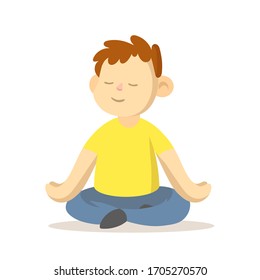 Calm boy maditating in lotus position, cartoon character design. Colorful flat vector illustration, isolated on white background.