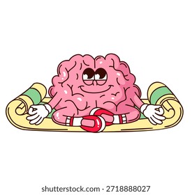 Personaje del cerebro tranquilo sentado con las piernas cruzadas en la estera de yoga y sonriendo pacíficamente. Lindo estilo de dibujos animados groovy doodle. Ilustración vectorial de contorno para pegatinas, mindfulness, yoga o diseño de relajación.