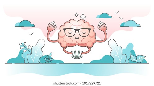 Calm brain meditation as mind relaxation and mental harmony outline concept. Silence and serenity with yoga concentration and thought balance vector illustration. Smart and funny head organ character.