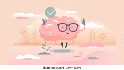 Calm brain meditation to relax balance or mental wellness tiny person concept. Organ character with cute and funny peace control and mind focus vector illustration. Rest well for psychological harmony