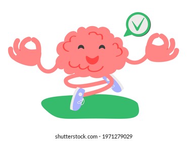 Calm brain meditation to relax balance or mental wellness tiny person concept. Organ character with cute and funny peace control and mind focus vector illustration. Rest well for psychological harmony