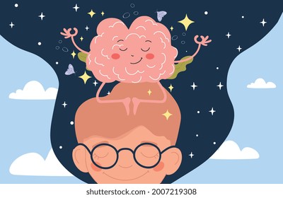 Calma meditación cerebral para relajar el equilibrio o el concepto de bienestar mental. Carácter de chico y órgano con un lindo y gracioso control de la paz y enfoque mental. Idea de armonía psicológica. Ilustración vectorial de dibujos animados planos