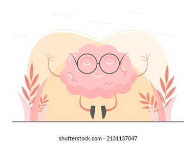 Calm brain meditation to relax balance or mental wellness. Cute internal organ character in lotus position rests for psychological health and harmony. Cartoon contemporary flat vector illustration