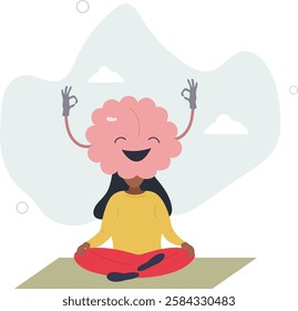 Calm brain meditation to relax balance or mental wellness .Organ character with cute and funny peace control and mind focus.flat character life .