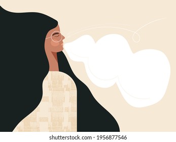 Calm breathing woman with closed eyes African american female character practice deep breathing. Young modern girl doing inhale exhale breath exercise for stress relief. Flat cartoon illustration
