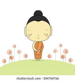 calm buddha stand on ground around with lotus flower.