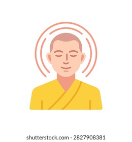 A calm Buddhist monk in saffron robes with eyes closed and a gentle smile, surrounded by a radiating aura symbolizing peace and enlightenment.