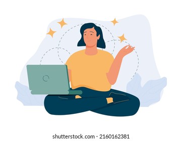 Calm business woman. Businesswoman meditating and relaxing in lotus position meditation and yoga in a noisy office. People work in and business, workflow management, and office situations.