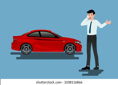 A calm businessman is calling to insurance company for help about his broken car parked on the roadside.Vector illustration design.